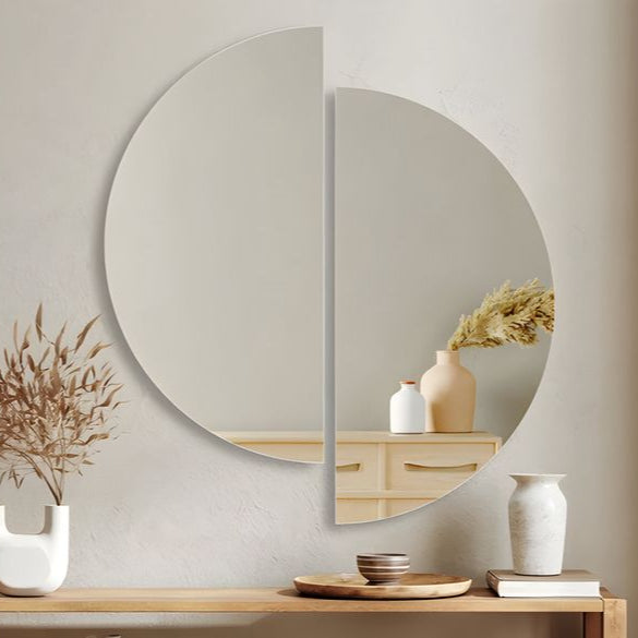 Semicircle Mirror, Minimalist Mirror, Home decor, room decor, Aesthetic home decor, minimalist home decor, Modern home decor, Mirror, Aesthetic mirror, Two semicircle wall mirrors forming a round shape, mounted above a wooden table with ceramic vases and dried plants.