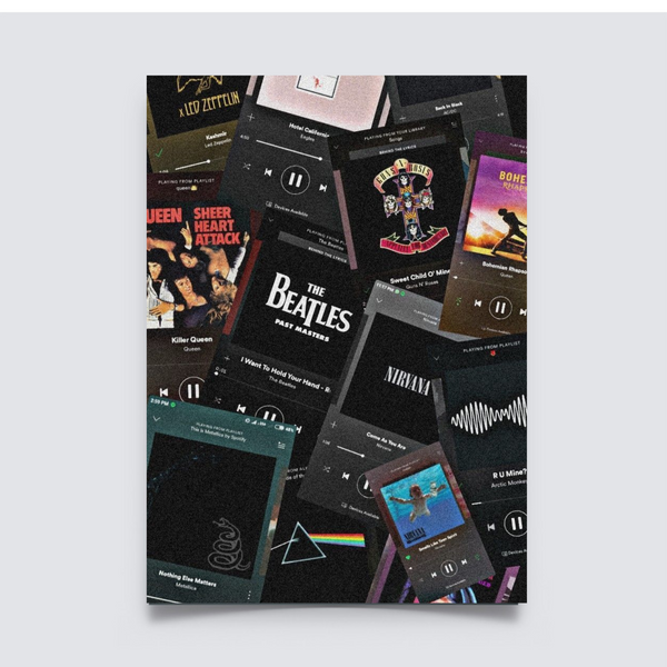 Poster collage of Spotify-style music cards and album covers featuring classic rock bands like Queen, Nirvana, The Beatles, Led Zeppelin, and Guns N' Roses. music Head Poster, Aesthetic Poster, music Poster, Rock Music Poster, 