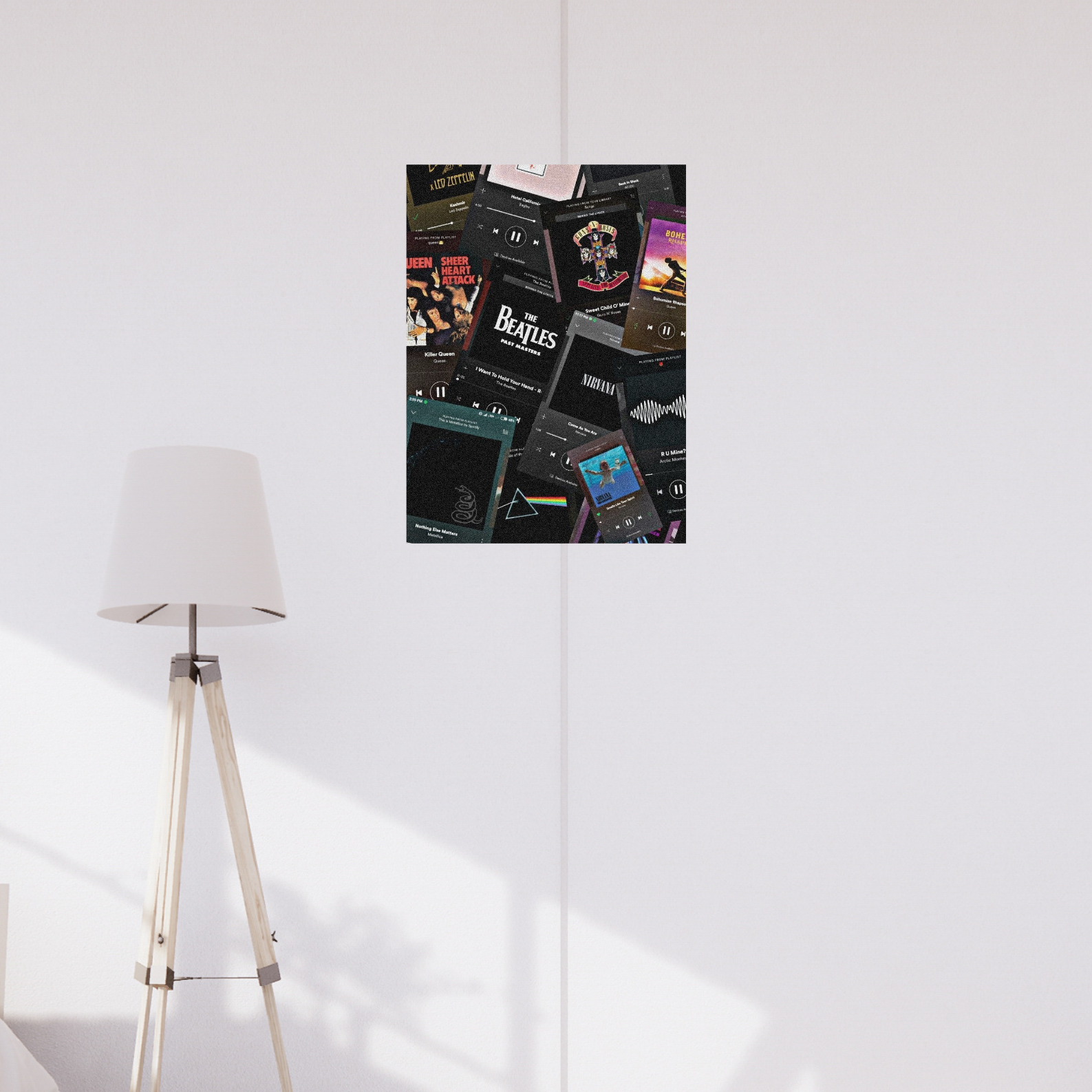 Poster collage of Spotify-style music cards and album covers featuring classic rock bands like Queen, Nirvana, The Beatles, Led Zeppelin, and Guns N' Roses. music Head Poster, Aesthetic Poster, music Poster, Rock Music Poster