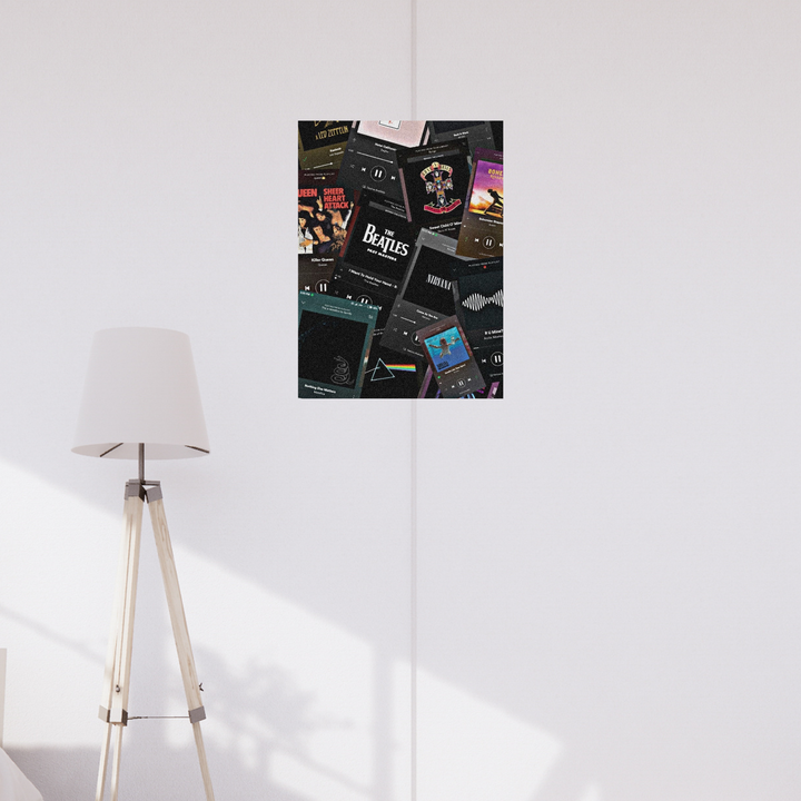 Poster collage of Spotify-style music cards and album covers featuring classic rock bands like Queen, Nirvana, The Beatles, Led Zeppelin, and Guns N' Roses. music Head Poster, Aesthetic Poster, music Poster, Rock Music Poster