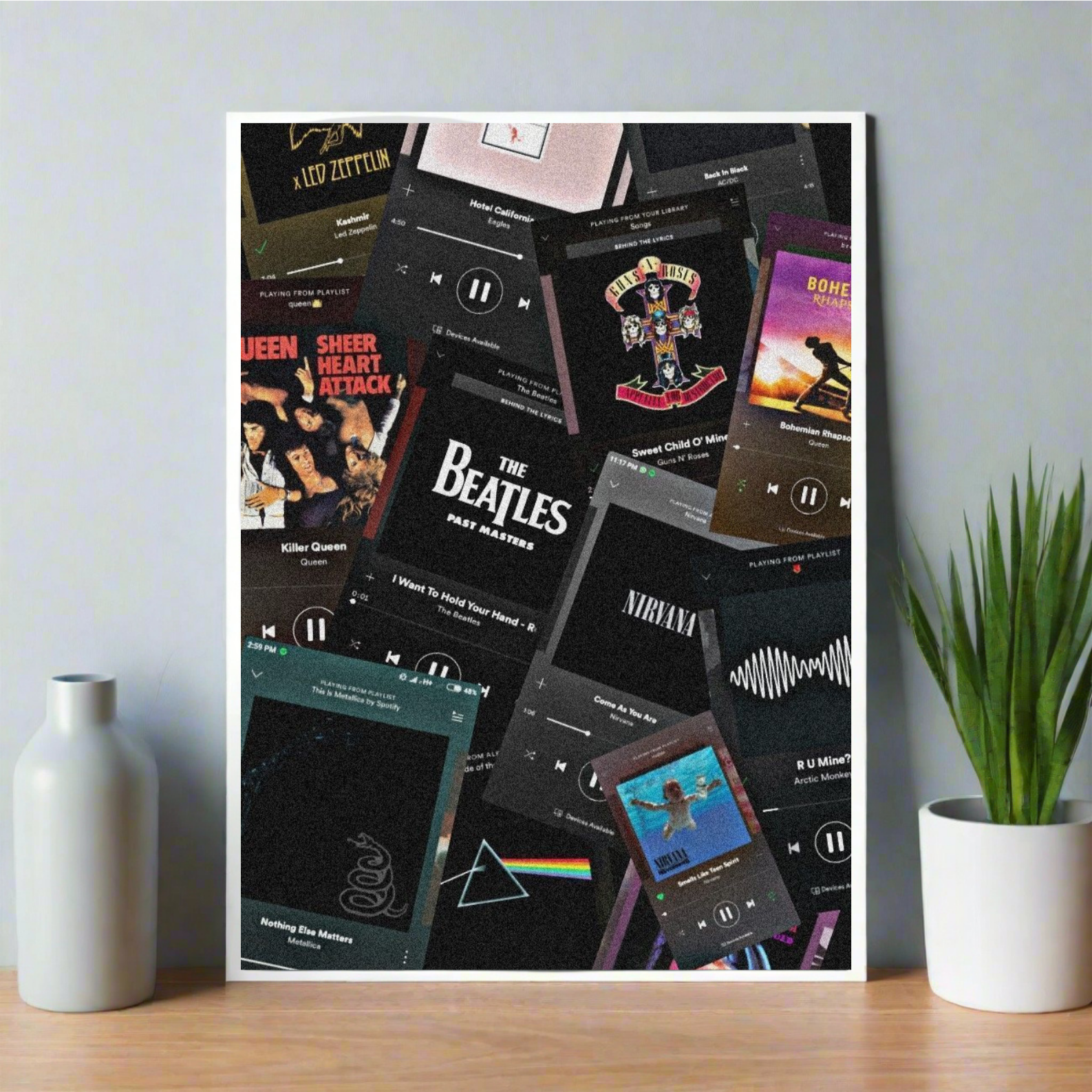 Poster collage of Spotify-style music cards and album covers featuring classic rock bands like Queen, Nirvana, The Beatles, Led Zeppelin, and Guns N' Roses. music Head Poster, Aesthetic Poster, music Poster, Rock Music Poster