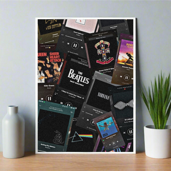 Poster collage of Spotify-style music cards and album covers featuring classic rock bands like Queen, Nirvana, The Beatles, Led Zeppelin, and Guns N' Roses. music Head Poster, Aesthetic Poster, music Poster, Rock Music Poster