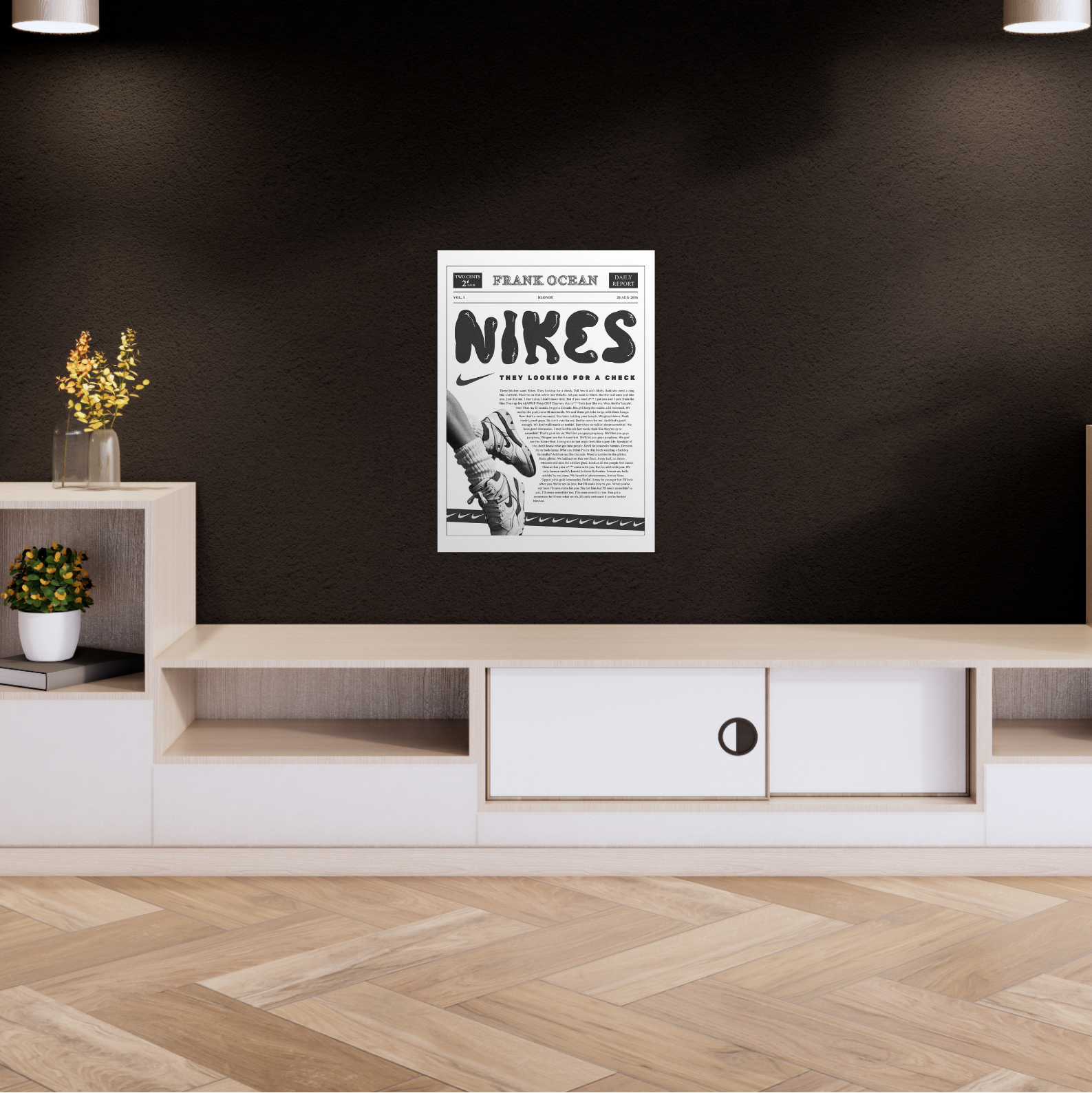A4 poster styled like a vintage newspaper featuring Frank Ocean’s “Nikes” lyrics, bold headline text, Nike shoe graphic, and retro design elements. nike Poster, sneaker head poster