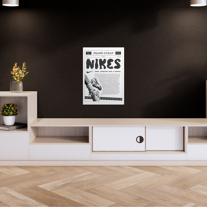 A4 poster styled like a vintage newspaper featuring Frank Ocean’s “Nikes” lyrics, bold headline text, Nike shoe graphic, and retro design elements. nike Poster, sneaker head poster