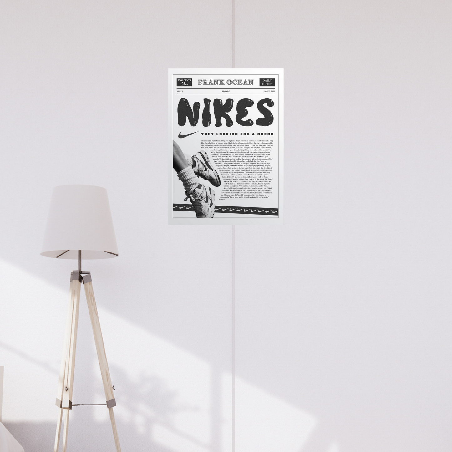 A4 poster styled like a vintage newspaper featuring Frank Ocean’s “Nikes” lyrics, bold headline text, Nike shoe graphic, and retro design elements.