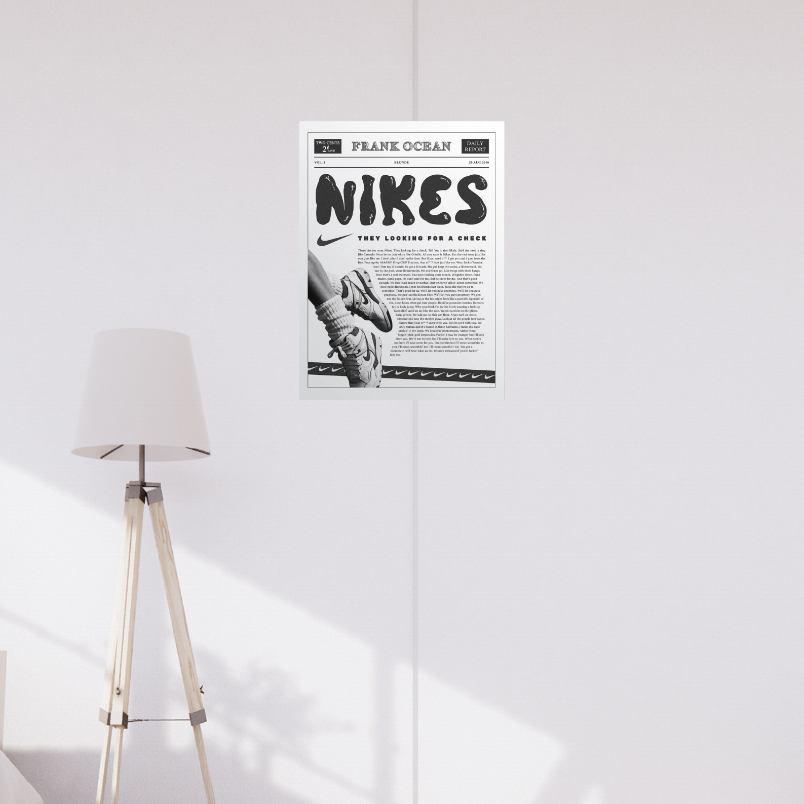 A4 poster styled like a vintage newspaper featuring Frank Ocean’s “Nikes” lyrics, bold headline text, Nike shoe graphic, and retro design elements.