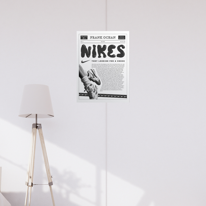 A4 poster styled like a vintage newspaper featuring Frank Ocean’s “Nikes” lyrics, bold headline text, Nike shoe graphic, and retro design elements.