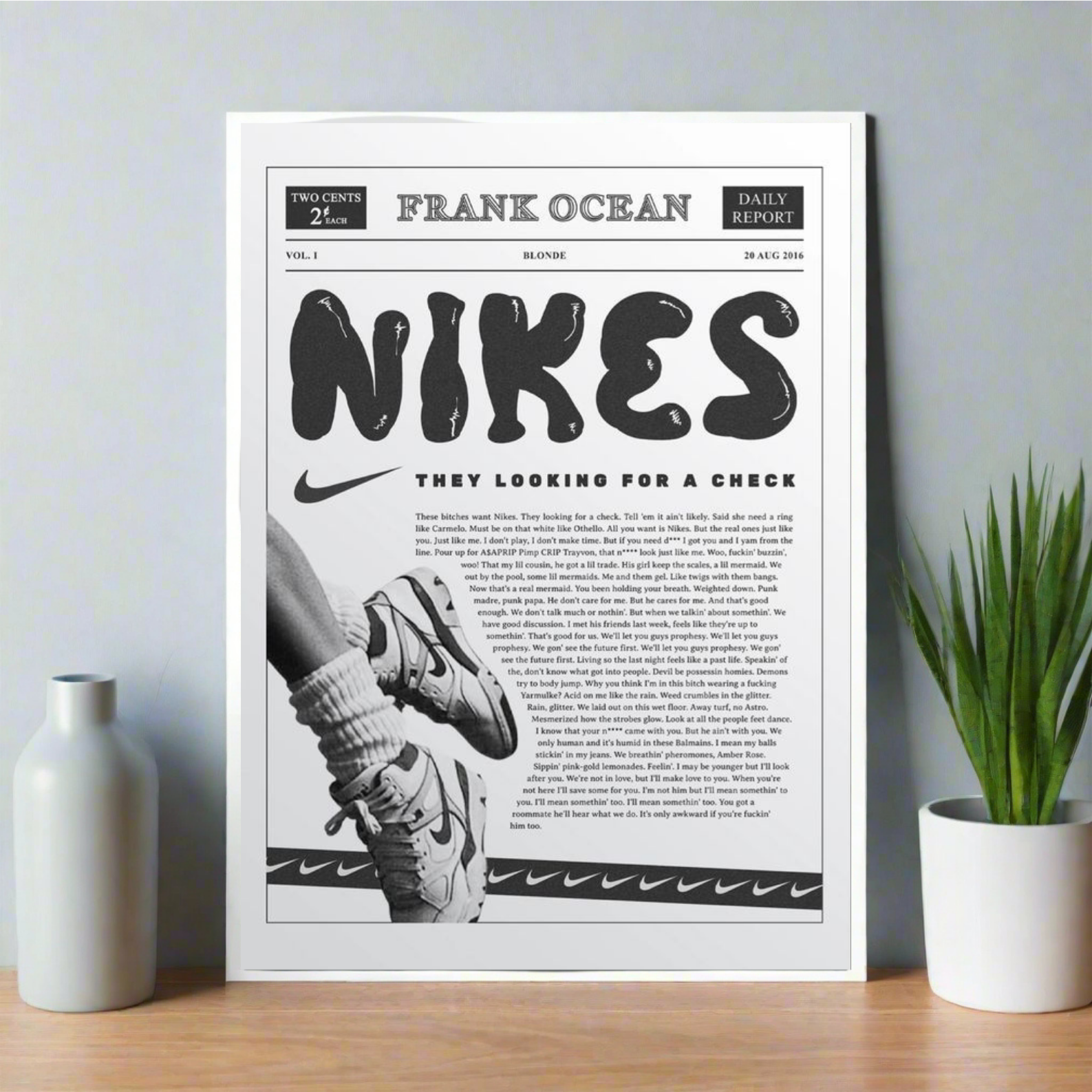 A4 poster styled like a vintage newspaper featuring Frank Ocean’s “Nikes” lyrics, bold headline text, Nike shoe graphic, and retro design elements. nike Poster, sneaker head poster