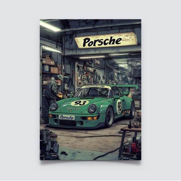 Poster of a vintage mint-green Porsche 911 race car in a garage with a retro “Porsche” sign overhead and mechanic working beside the car. Room Decor, Home Decor, Poster, Aesthetic Poster, Minimalist decor, Car Poster, Porsche 911