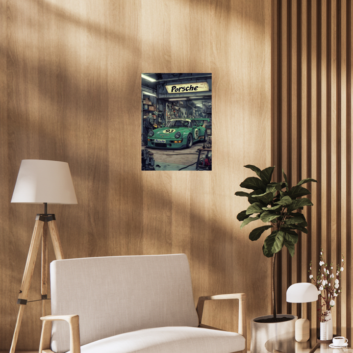 Poster of a vintage mint-green Porsche 911 race car in a garage with a retro “Porsche” sign overhead and mechanic working beside the car. Room Decor, Home Decor, Poster, Aesthetic Poster, Minimalist decor, Car Poster, Porsche 911