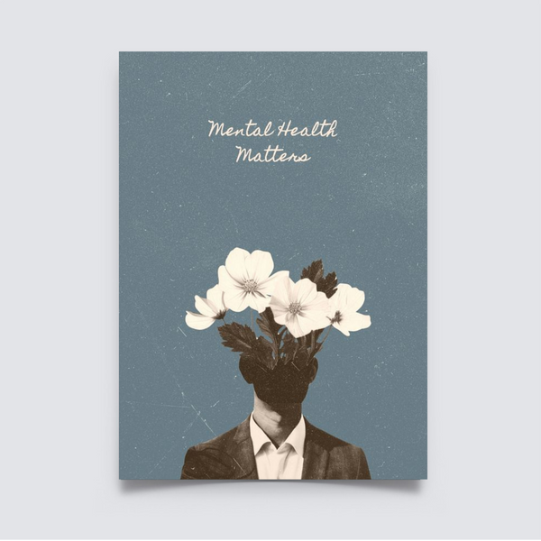 Poster with text “Mental Health Matters” above a surreal illustration of a head replaced with blooming flowers, symbolizing mental health and growth. Mental Health Poster, Mental health awareness, aesthetic poster, Awareness poster, Blue poster, room decor, home decor, 