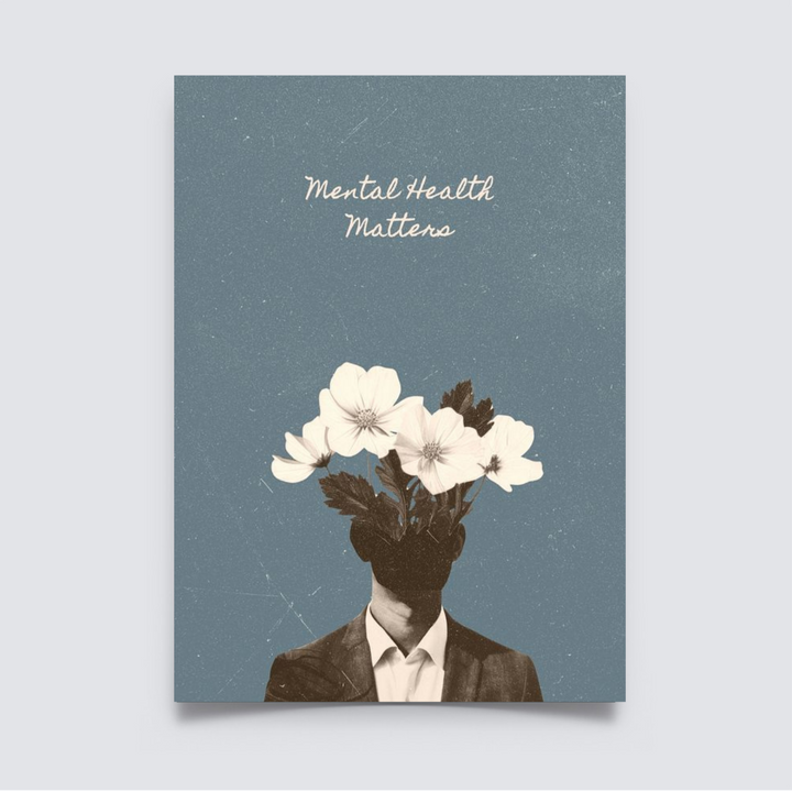 Poster with text “Mental Health Matters” above a surreal illustration of a head replaced with blooming flowers, symbolizing mental health and growth. Mental Health Poster, Mental health awareness, aesthetic poster, Awareness poster, Blue poster, room decor, home decor, 