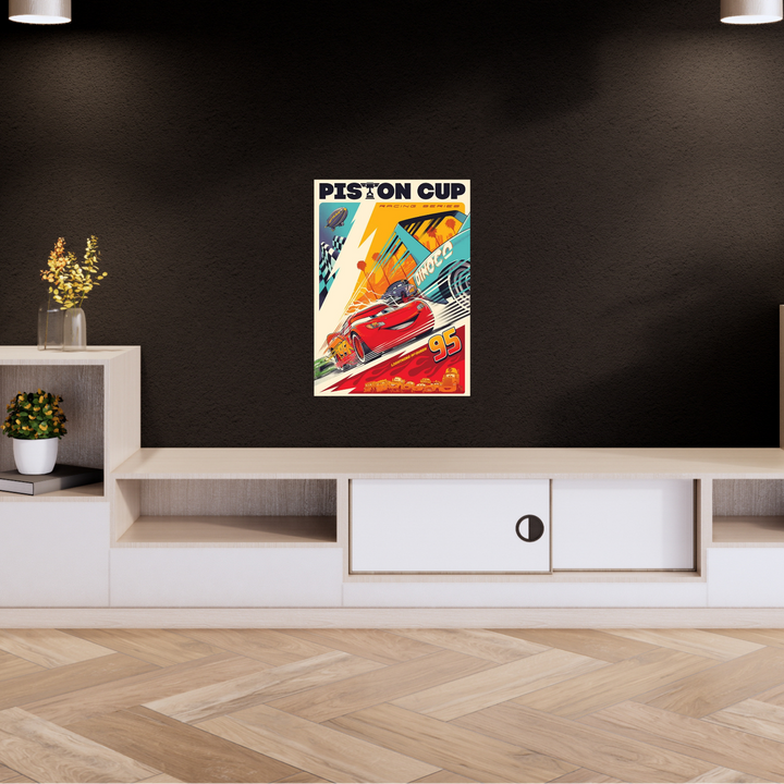 Colorful racing poster featuring Lightning McQueen and other Cars characters speeding through the Piston Cup in a retro comic book style. Piston Cup, disney poster, Lightening Cup Poster, Kid room decor, room Decor, Home decor, Aesthetic Poster, Car poster, Cars Poster
