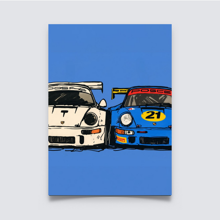 Poster artwork of two Porsche race cars side by side with a bold blue background., Porsche Poster, Minimalist Poster, retro Poster, Blue Poster