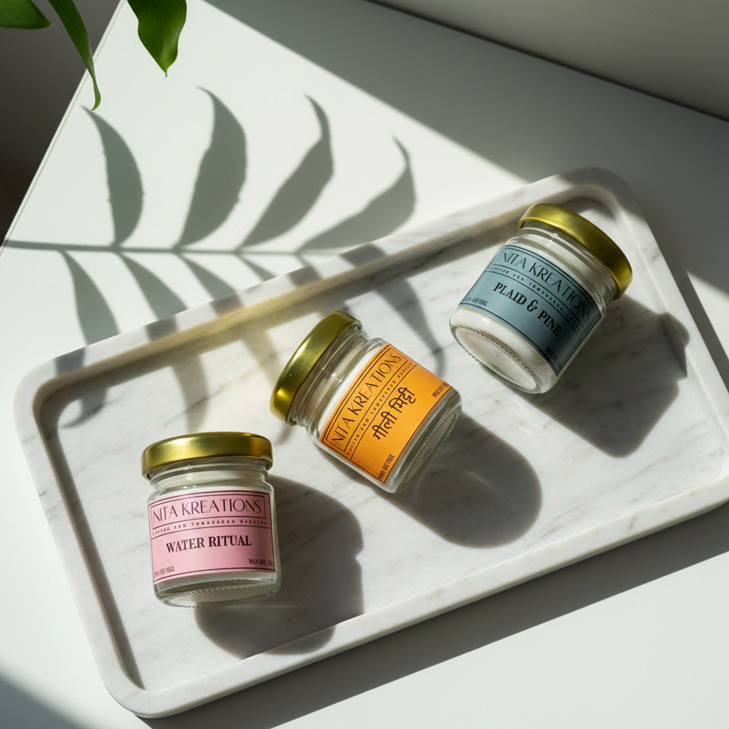 Pack of 3 mini soy wax candles in amber jars featuring Gilli Mitti, Plaid & Pine and Water Ritual fragrances, named After the Rain.