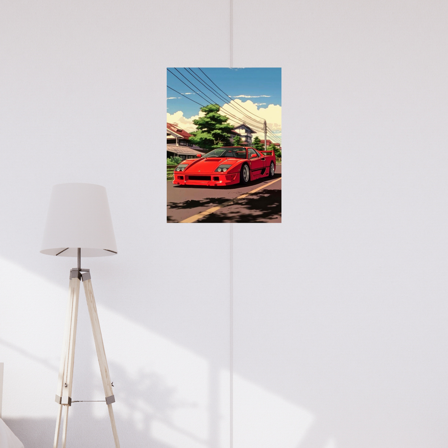 Anime-style poster of a red Ferrari driving on a quiet street in Japan under a blue sky. Ferrari Poster, car Poster, car guy Poster, Fan poster, room decor, home decor, Aesthetic Poster, Minimallist Poster, wallpaper
