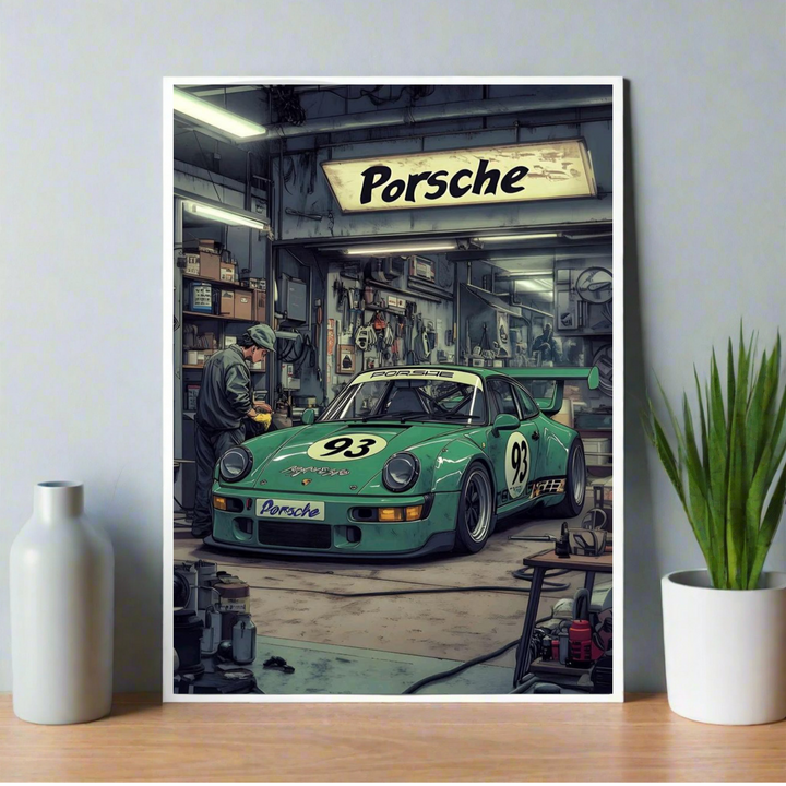 Poster of a vintage mint-green Porsche 911 race car in a garage with a retro “Porsche” sign overhead and mechanic working beside the car. Room Decor, Home Decor, Poster, Aesthetic Poster, Minimalist decor, Car Poster, Porsche 911