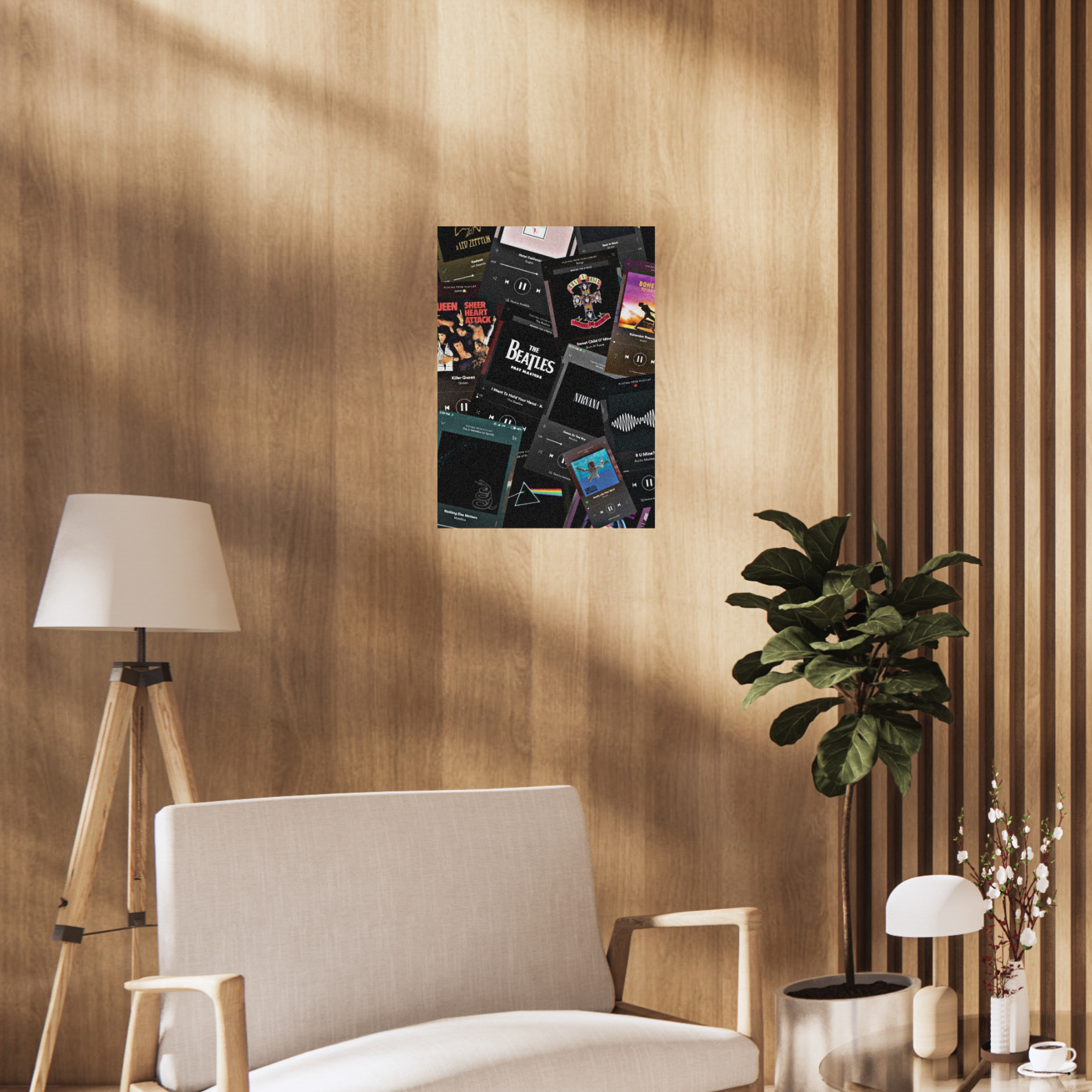 Poster collage of Spotify-style music cards and album covers featuring classic rock bands like Queen, Nirvana, The Beatles, Led Zeppelin, and Guns N' Roses. music Head Poster, Aesthetic Poster, music Poster, Rock Music Poster