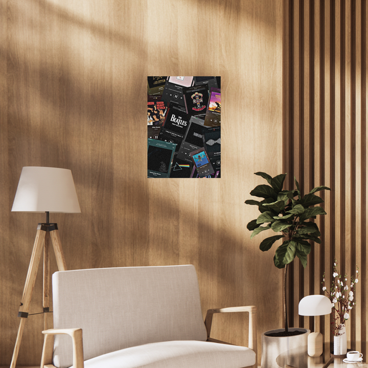 Poster collage of Spotify-style music cards and album covers featuring classic rock bands like Queen, Nirvana, The Beatles, Led Zeppelin, and Guns N' Roses. music Head Poster, Aesthetic Poster, music Poster, Rock Music Poster