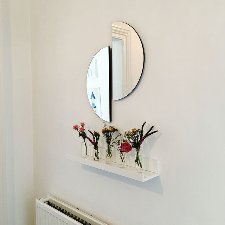 Semicircle Mirror, Minimalist Mirror, Home decor, room decor, Aesthetic home decor, minimalist home decor, Modern home decor, Mirror, Aesthetic mirror, Two semicircle wall mirrors forming a round shape, mounted above a wooden table with ceramic vases and dried plants.