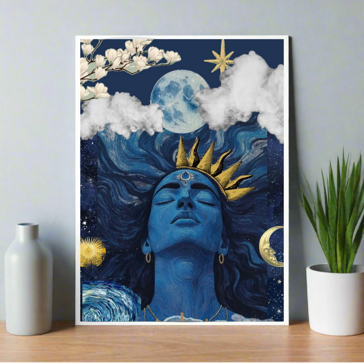 Artistic poster of Lord Shiva with closed eyes, wearing a golden crown, surrounded by celestial elements like the moon, clouds, stars, and flowers in a cosmic blue background. Aesthetic Poster, Spiritual poster, Shiva poster, Shiva, Shiva Painting