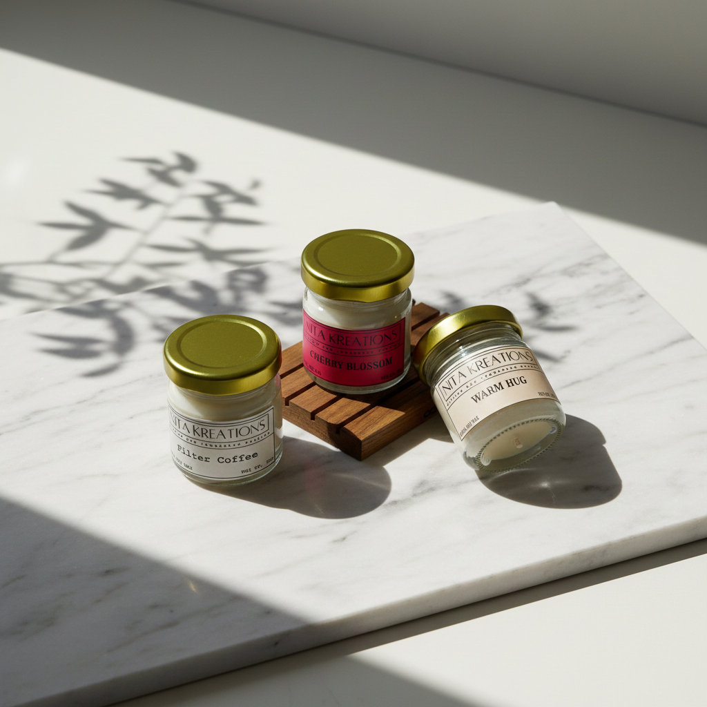 Pack of 3 mini soy wax candles in amber jars featuring Warm Hug, Filter Coffee and Cherry Blossom fragrances, named Slow Morning Warmth.