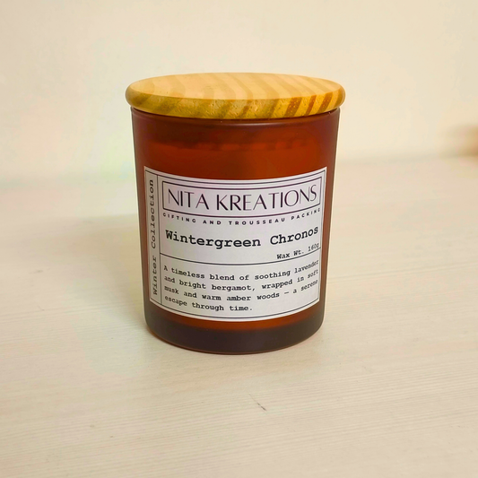 Soy wax candle in amber jar with wooden lid, Wintergreen blend with lavender, bergamot, musk and amber notes. Soy wax candle, vegan candle, fragrance candle, winter fragrance candle