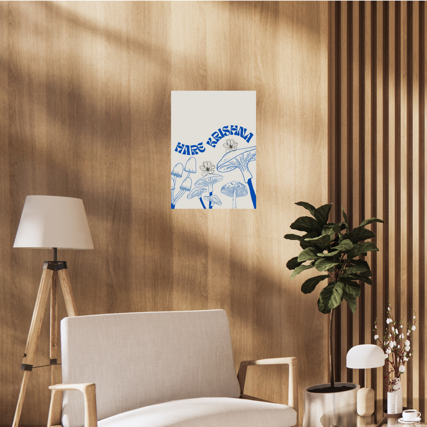 Poster featuring blue illustrated mushrooms and curved “Hare Krishna” text with flowers on a cream background. spiritual room decor, Spiritual poster, spiritual home decor, krishna poster, aesthetic poster, cream poster, cream decor, blue poster, blue home decor