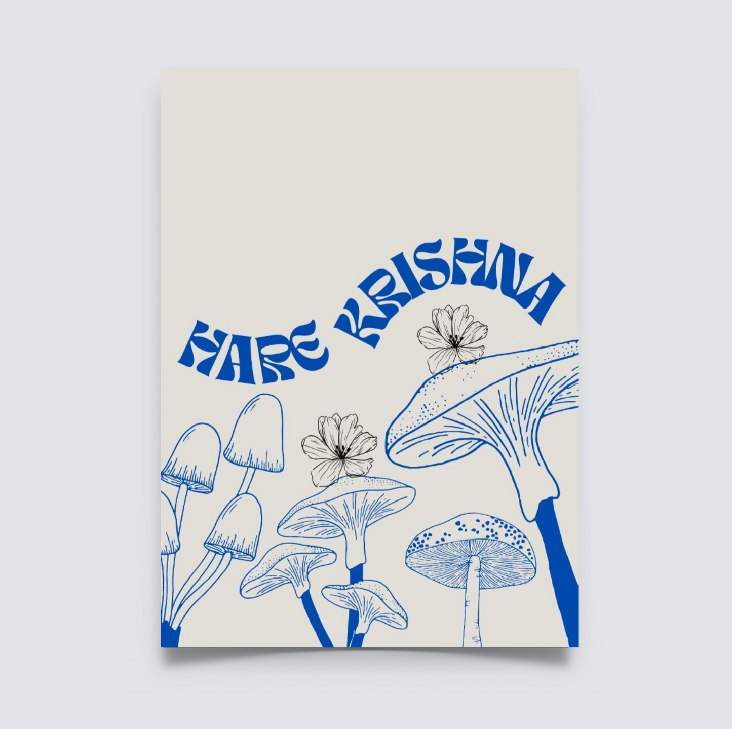 Poster featuring blue illustrated mushrooms and curved “Hare Krishna” text with flowers on a cream background. spiritual room decor, Spiritual poster, spiritual home decor, krishna poster, aesthetic poster, cream poster, cream decor, blue poster, blue home decor