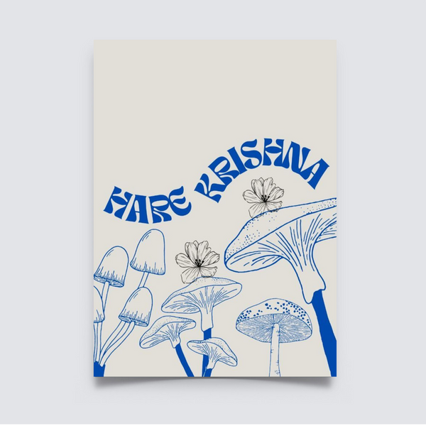 Poster featuring blue illustrated mushrooms and curved “Hare Krishna” text with flowers on a cream background. spiritual room decor, Spiritual poster, spiritual home decor, krishna poster, aesthetic poster, cream poster, cream decor, blue poster, blue home decor