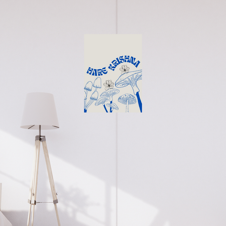 Poster featuring blue illustrated mushrooms and curved “Hare Krishna” text with flowers on a cream background. spiritual room decor, Spiritual poster, spiritual home decor, krishna poster, aesthetic poster, cream poster, cream decor, blue poster, blue home decor