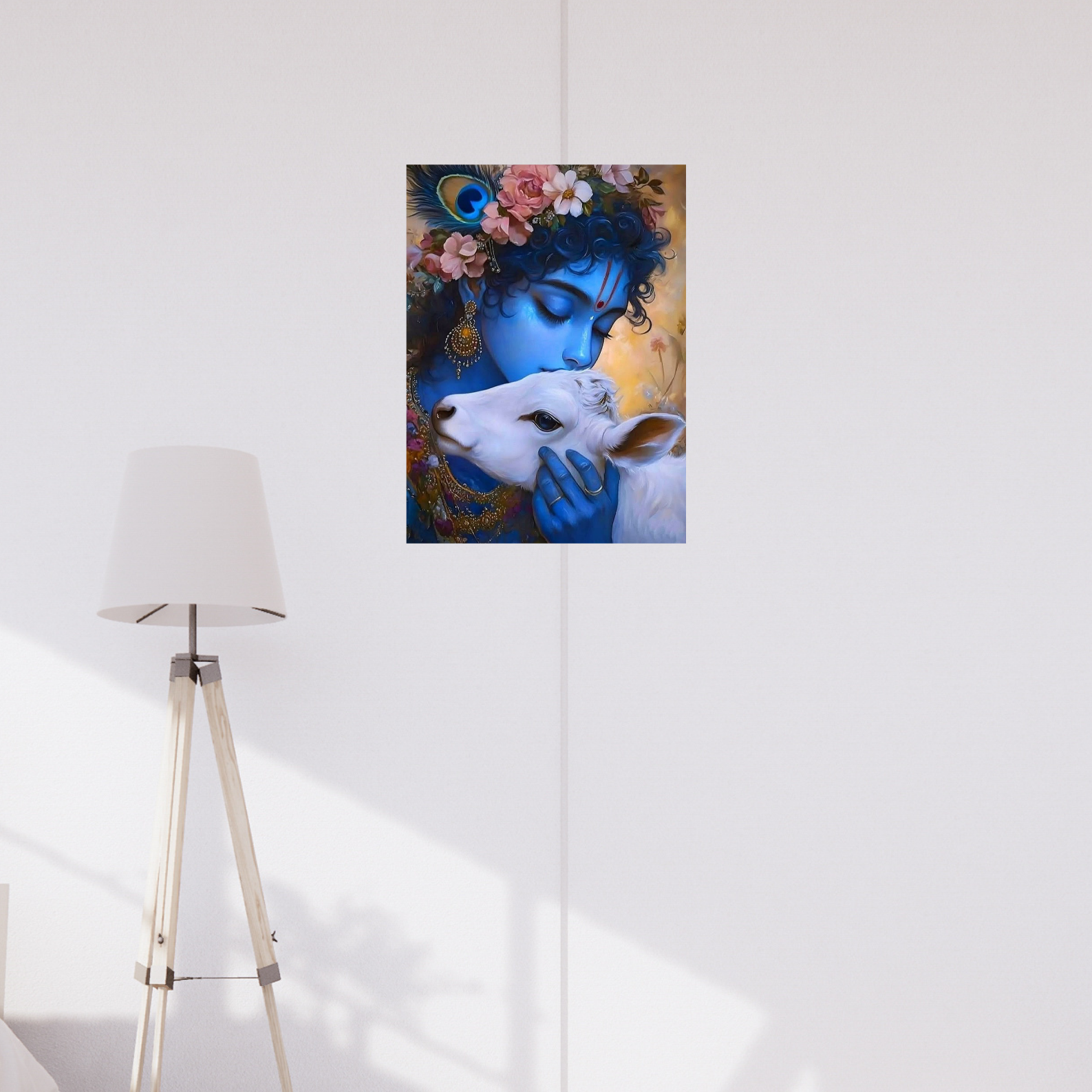 Poster of Lord Krishna lovingly holding a white calf, adorned with flowers, jewelry, and a peacock feather — capturing a moment of divine affection and serenity. spiritual room decor, Spiritual poster, spiritual home decor, krishna poster, aesthetic poster, cream poster, cream decor, blue poster, blue home decor