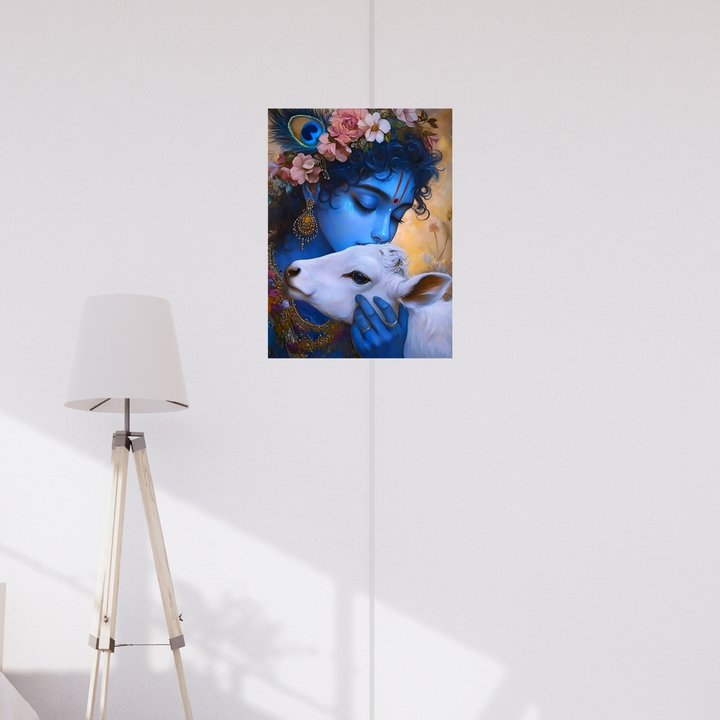 Poster of Lord Krishna lovingly holding a white calf, adorned with flowers, jewelry, and a peacock feather — capturing a moment of divine affection and serenity. spiritual room decor, Spiritual poster, spiritual home decor, krishna poster, aesthetic poster, cream poster, cream decor, blue poster, blue home decor