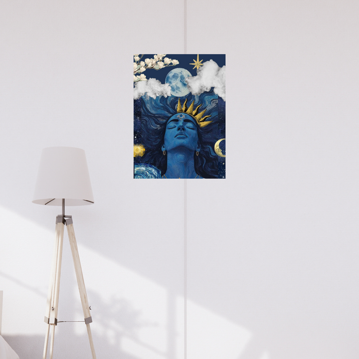 Artistic poster of Lord Shiva with closed eyes, wearing a golden crown, surrounded by celestial elements like the moon, clouds, stars, and flowers in a cosmic blue background. Aesthetic Poster, Spiritual poster, Shiva poster, Shiva, Shiva Painting