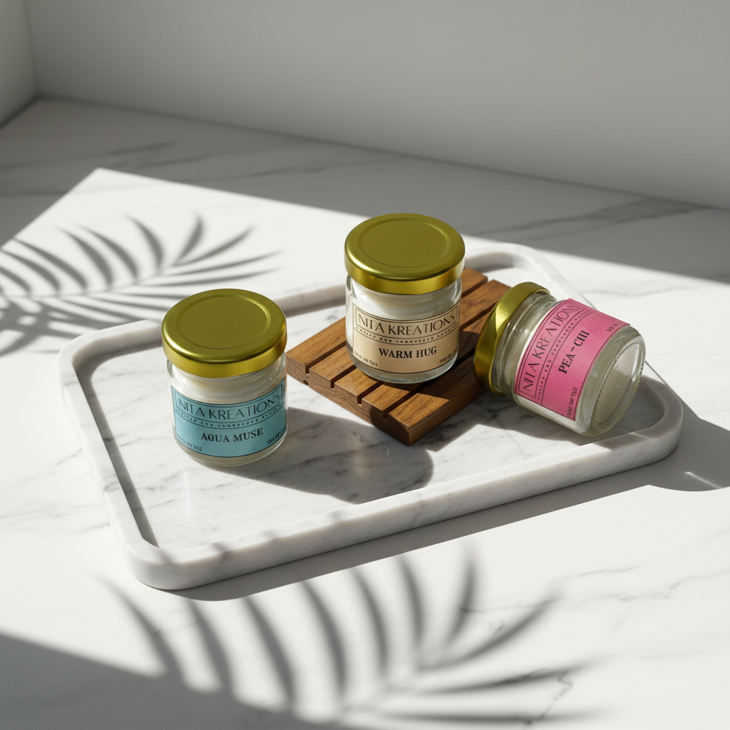 Pack of 3 mini soy candles in amber jars featuring Warm Hug, Pea-chi and Aqua Muse fragrances, named Sun-Kissed Breeze.