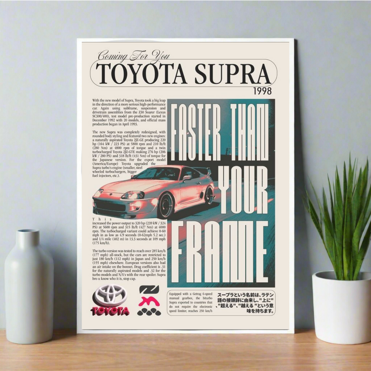 Poster styled like a vintage magazine featuring a 1998 Toyota Supra, bold headline “Faster Than Your Frame,” and performance specs. JDM Poster, Supra Poster, Room decor, Car poster, home decor, wallpaper, Aesthetic poster, 