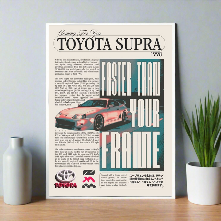 Poster styled like a vintage magazine featuring a 1998 Toyota Supra, bold headline “Faster Than Your Frame,” and performance specs. JDM Poster, Supra Poster, Room decor, Car poster, home decor, wallpaper, Aesthetic poster, 