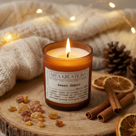 Soy wax candle in amber jar with wooden lid, Sweet Ember fragrance with caramelized vanilla and toasted tonka. best scented candles, candles, candle, scented candle, scented candle.