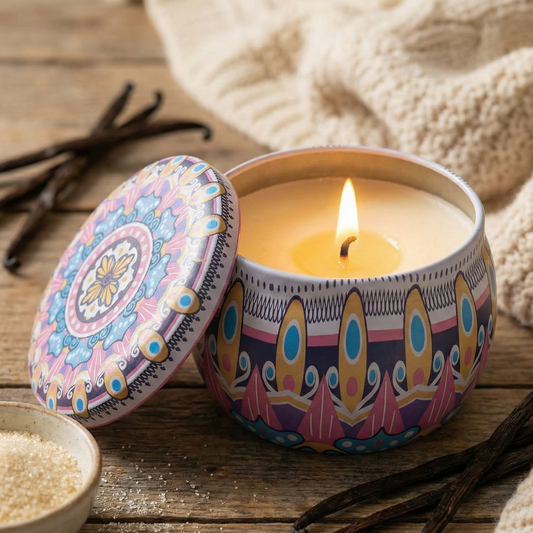Premium soy wax candle in a colorful decorative tin on a woven placemat with a matching lid, best scenetd candle, vanilla scented candle, best scented candles, scented candles, scented candle. 