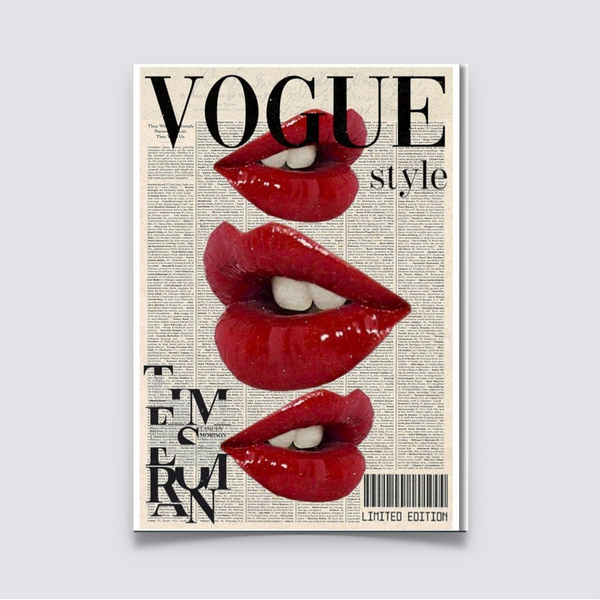 Poster featuring glossy red lips over a vintage newspaper background with “VOGUE Style” text and pop art collage design elements. Vogue Poster, Aesthetic Poster, Room Decor ideas, home decor Ideas, Home decor, Room Decor, Fashion Poster, NIFT, Style Poster, Genz poster