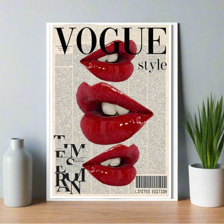 Poster featuring glossy red lips over a vintage newspaper background with “VOGUE Style” text and pop art collage design elements. Vogue Poster, Aesthetic Poster, Room Decor ideas, home decor Ideas, Home decor, Room Decor, Fashion Poster, NIFT, Style Poster, Genz poster