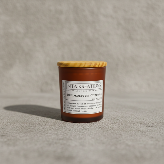 Soy wax candle in amber jar with wooden lid, Wintergreen blend with lavender, bergamot, musk and amber notes. Soy wax candle, vegan candle, fragrance candle, winter fragrance candle