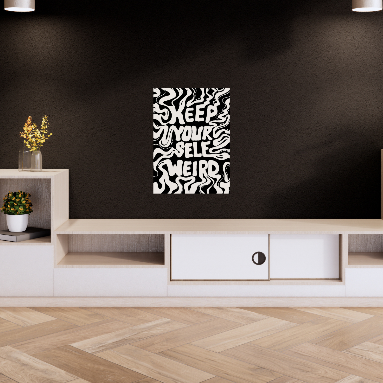 Poster with bold wavy lettering that reads “Keep Yourself Weird” in black and cream psychedelic style. aesthetic Poster, Room decor, home decor, room decor ideas, Posters, 
