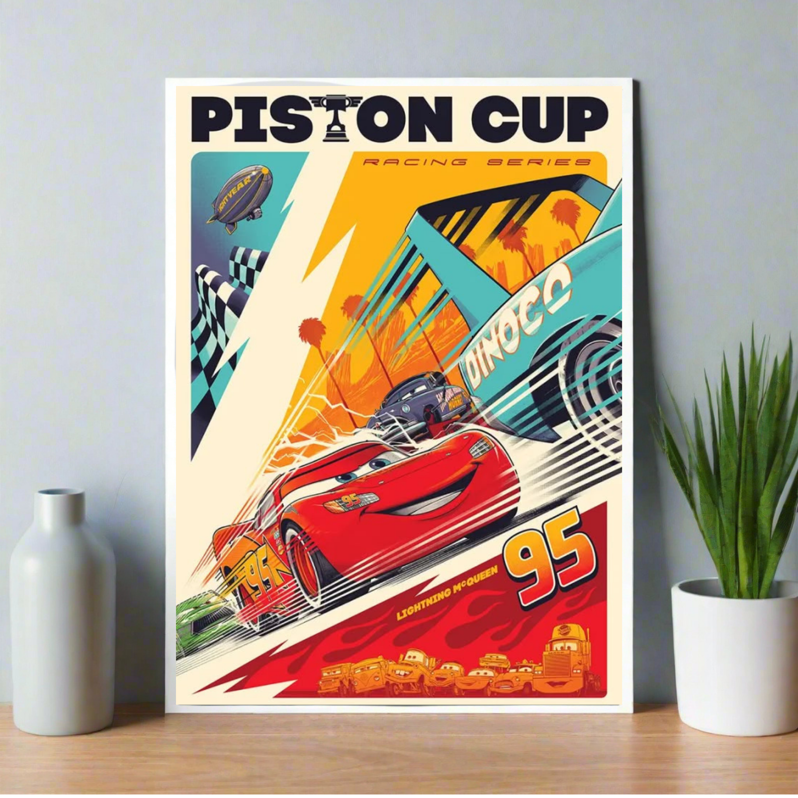 Colorful racing poster featuring Lightning McQueen and other Cars characters speeding through the Piston Cup in a retro comic book style. Piston Cup, disney poster, Lightening Cup Poster, Kid room decor, room Decor, Home decor, Aesthetic Poster, Car poster, Cars Poster