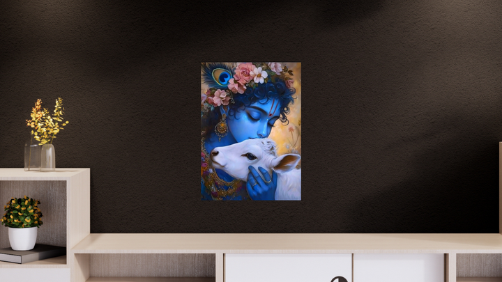 Poster of Lord Krishna lovingly holding a white calf, adorned with flowers, jewelry, and a peacock feather — capturing a moment of divine affection and serenity. spiritual room decor, Spiritual poster, spiritual home decor, krishna poster, aesthetic poster, cream poster, cream decor, blue poster, blue home decor