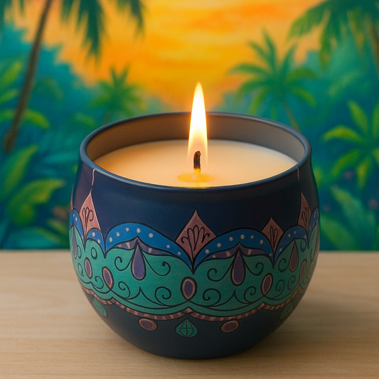 Hawaiian Breeze scented soy candle in mandala tin with tropical design. Decorative candle in a blue holder with a tropical sunset background
